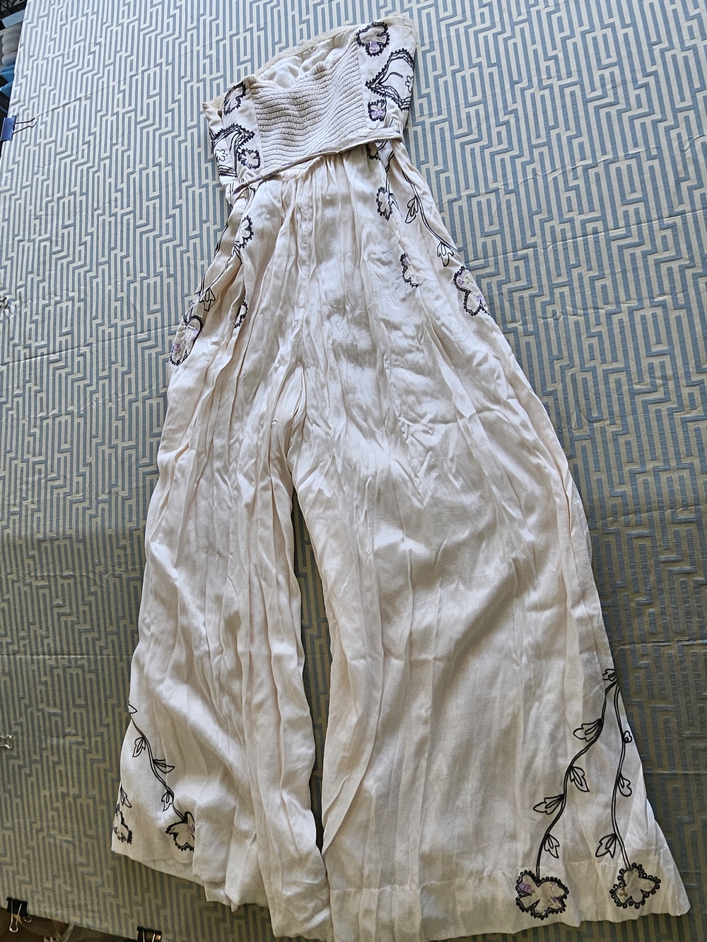 Free People ivory satin "Faintly Graphic" wide-leg strapless jumpsuit - Picture 7 of 7